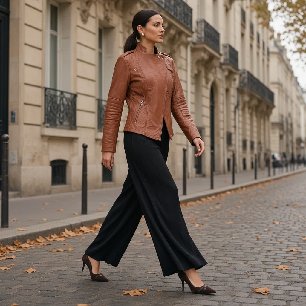 A woman crossing a city street in a brown leather jacket, black wide-leg trousers and brown pumps