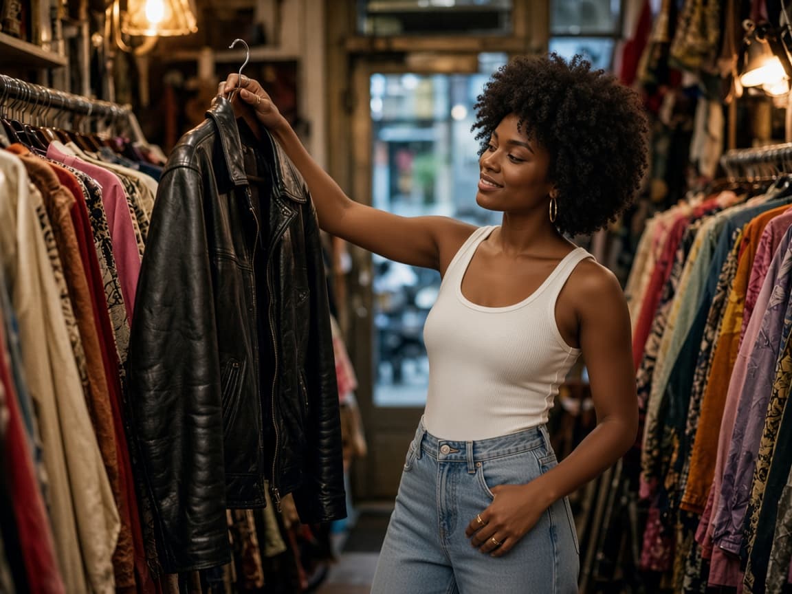 A shopper holding up a leather jacket in a vintage shop